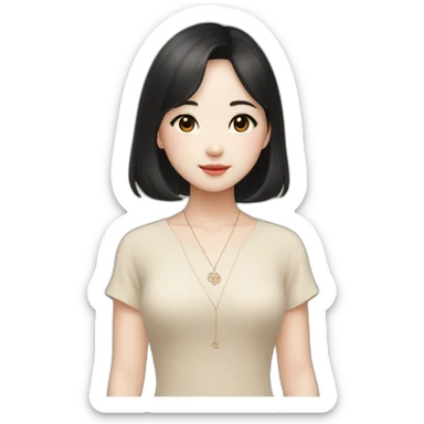 cute Chinese girl in Muji beige dress with black hair and van cleef clover necklace sticker