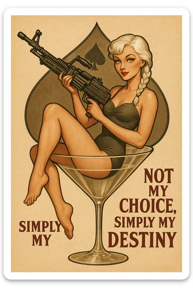 a retro military pinup " not my choice, simply my destiny "
; female figure young,gorgeous, white hair 1 braid, gold yellow eyes, sitting in a martini glass with a massive LMG in a swimsuit in front of a 'spade' sticker