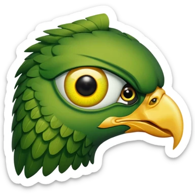 close up of just the eye and nothing else at the side profile of the face of a green hawk that is looking away from the camera on white background sticker
