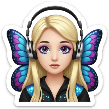long haired make glitter makeup fairy wearing headpones wing butterfly wings  sticker