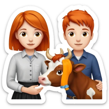 A boy with brown hair and a girl with orange hair petting a cow sticker