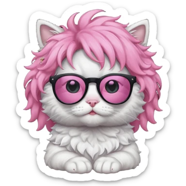 White cat wearing pink curly wig, black sunglasses, black T-shirt sticker