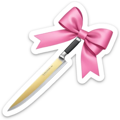 Only one object: a kitchen knife. A pink ribbon bow is tied directly on the knife handle. No other items. No decorations. Minimal emoji style sticker