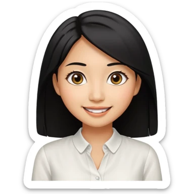 30 yr old asian woman center parted hair big eyes big smile tanned skin straight black hair hippie part hair white blouse shoulder length hair middle parted hair sticker