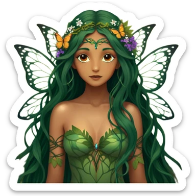 Cinematic Realistic Forest Nymph Fairy portrait, with butterfly wings and depicted with lifelike, sun-kissed tanned skin that radiates an earthy glow, softly illuminated by natural, dappled light. Her long, flowing dark green hair is intricately detailed and interwoven with delicate vines and wildflowers, while her deep, soulful eyes mirror the wisdom of the forest. Dressed in an attire inspired by nature’s palette—with subtle botanical motifs—the portrait exudes a soft, enchanted glow that melds realism with woodland magic. sticker