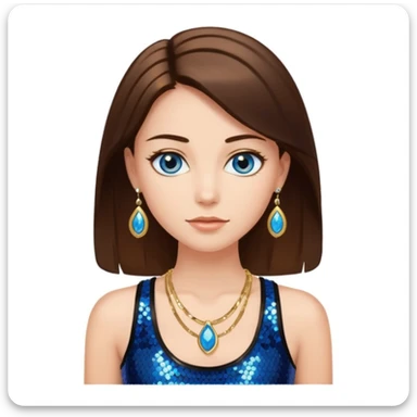 A woman with smooth brown hair with white skin and blue eyes, she has a black sequined tank top and golden jewelry sticker