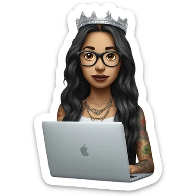 Hyperrealistic girl with long hair wearing a crown and glasses tattoos laptop sticker