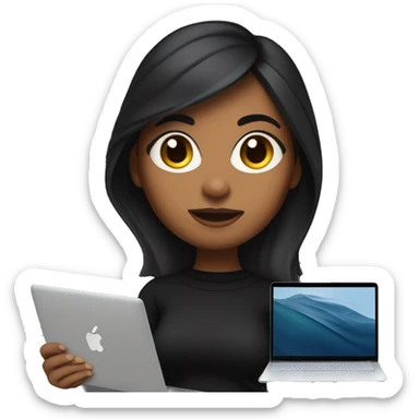     memoji of a woman with a laptop in front, apple-style,modern,dark hair,black sweater,computer in hand, srilankan brown skin, an avatar image gonna be round  sticker
