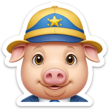 pig body with President Zelensky's face wearing a hat with yellow and blue colors sticker