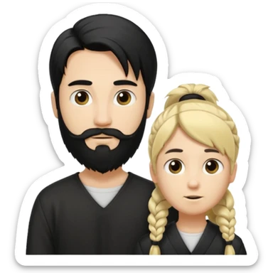 Man with long black hair tied in a tail and beard with a young blond with short hair but no beard sticker