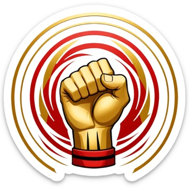 An emblem-style design symbolizing striking martial arts. The emblem features a powerful fist, representing strength and precision, surrounded by dynamic lines and motion, evoking speed and impact. Bold colors and sharp edges give the emblem an intense and energetic look sticker