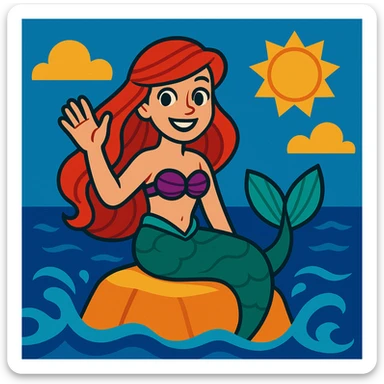 The little mermaid sitting on a rock, waving her hand to the viewer, smiling, in a charming and friendly style. sticker