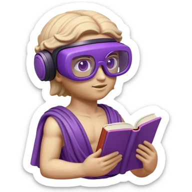 an-emoji-of-a-ancient-young-greek-statue-reading-a-book,-wearing-vr-glasses,-purple-colors,-digital-universe sticker