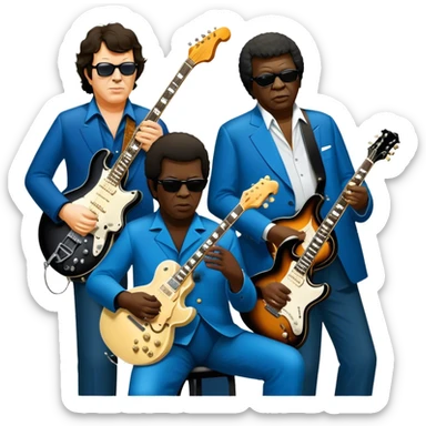 Icon for Blues Music: close-up collage of legendary blues artists. Gary Moore, Eric Clapton, B.B. King and Joe Cocker. Represented by silhouettes or symbolic items like guitars, microphones, or music notes, reflecting the soulful energy of blues music. Transparent background. sticker
