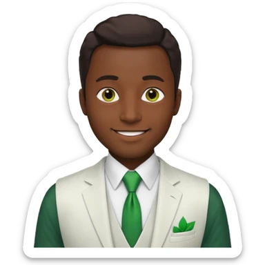 businessman, black skin, brown eyes, white suit vest, green tie sticker