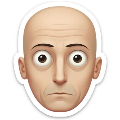 Steven Miller, bald, very grim expression, very narrow rectangular head, pronounced sagging eyelids lower on the outer sides, bottom lip sticking out sticker