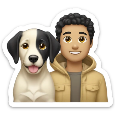 gay couple, two white straight blackhair australian white blackhair-slightly-curly-holding one light yellow labrador retriever puppy sticker