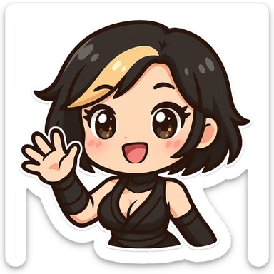 Super cute kawaii chibi style sexy ninja girl with black short hair and a blonde streak, only head and arms visible, big sparkling eyes, round face, soft colors, playful charm, bold outlines, transparent background, no mask, hand fully raised, waving, smiling, sized for Twitch emoji use. sticker