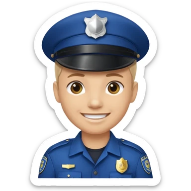 This is a cartoon-style avatar of a police officer with light skin, wearing a dark blue cap featuring a silver badge, and showing a smile expression. sticker