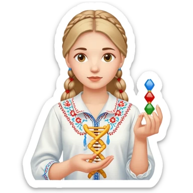 Ukrainian girl in traditional embroidered vyshyvanka shirt holding a DNA molecule in her hand sticker