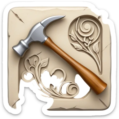 Carving icon, stone, bone, and horn being carved with chisels, fine detailed patterns visible, carving tools like hammer and chisel, minimalistic style, clean lines, transparent background. sticker