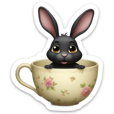 Black rabbit sat in teacup sticker