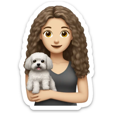 White Girl with brown long straight hair, holding a dark gray maltipoo with a white snout sticker