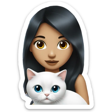 long black hair latin girl with white persian blue eye cat. sticker