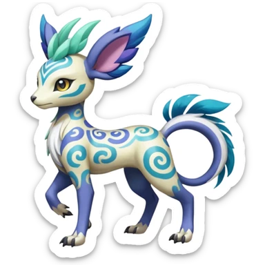Tropical Tiny Marked Patterned Tribal Colorful Skilled Adept Graceful Asian Painted Garurumon-Meloetta-Absol-Suicune-Cobalion-fusion-hybrid-creature (full body) sticker