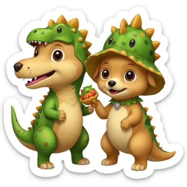 a golden retriever with a dinosaur costume thats eating a chihuahua thats in a dinosuar costume sticker