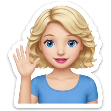 Girl Blonde short wavy hair,  blue eyes, cute blue top, long lashes, pink lips, smiling, waving hello  sticker