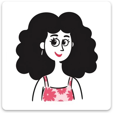 Woman in her 30s with clear skin, elongated face, soft cheeks, large expressive brown eyes, natural eyebrows, defined nose, full lips with soft red lipstick, abundant dark brown curly hair, wearing pink tie-dye tank top sticker