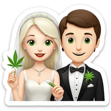 Bride in white dress and groom in tuxedo sharing a cannabis joint, cheerful cartoon wedding couple sticker