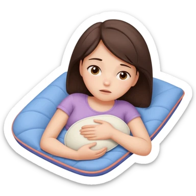  a brunette girl lying down on her side, holding a warm heating pad against her lower belly. She's uncomfortable and sad, her posture should show she’s having bellyache. Use simple lines, rounded shapes, soft colors, and a clean emoji aesthetic. Make it expressive but still adorable sticker