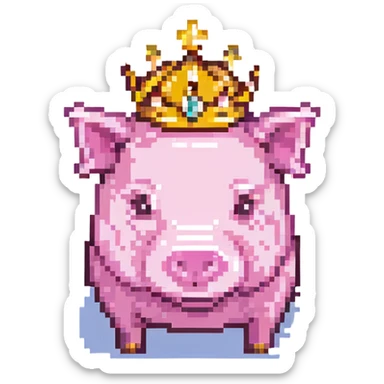 cute pixel art pig, golden crown, 8-bit style sticker