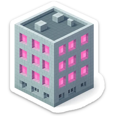 Russian panel apartment building, square block shape, light gray concrete, windows glowing pink, isometric view sticker