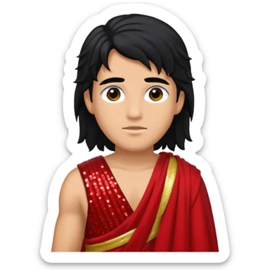 Adonis from Roman Deities with long black hair, red sequin toga sticker