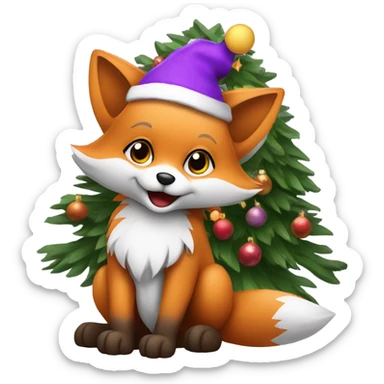 Baby fox wearing purple Santa hat sitting next to a  Christmas tree   sticker