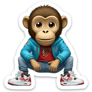 Monkey wearing Jordan 4 on its  feet with a bunch of Nike clothes sticker