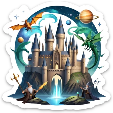 Icon for Fantasy and Sci-Fi Movies: A magical collage with flying dragons and futuristic spaceships. Stars and planets shimmer in the background with a mystical castle Hogvards and an ancient wizard holding a staff. The atmosphere is epic, otherworldly and adventurous. Transparent background. sticker