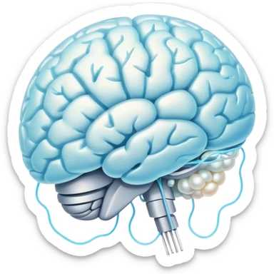 Floating pearl and light blue capsule orbiting around a translucent brain with bright sparks connected to a glowing neural network, all wrapped in a soft fog representing mental focus sticker