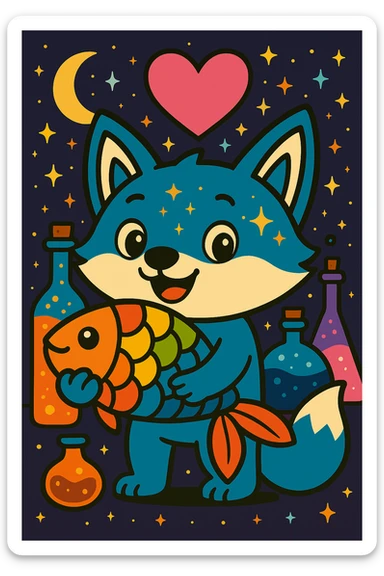 Add a magical, witchy background with stars, crescent moon, and potion bottles behind the blue fox hugging the rainbow fish with a big pink heart, in vibrant toon style. sticker