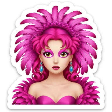 A vibrant woman with theatrical red ringlets and a massive pink feathered headpiece strikes a playful pose in an exaggerated, storybook-style hot pink gown. sticker