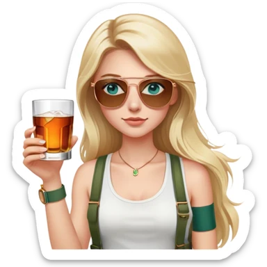 girl with long blond hair
with blue eyes
and aviator sunglasses
wearing white tank top 
holding a glass of whiskey 
wearing rose gold apple watch with forest green band  sticker