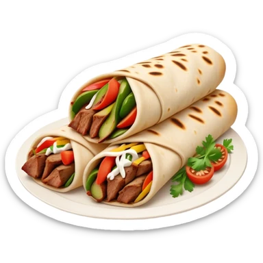 Cinematic Realistic Shawarma Dish Emoji, showcasing spiced, succulent meat wrapped in flatbread with fresh vegetables rendered with lifelike detail and dynamic, appetizing lighting. sticker