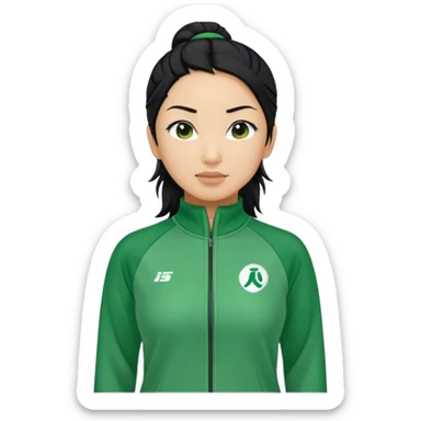 Cha: Age 45, a Asian old woman with black hair tie, Green player tracksuit sticker