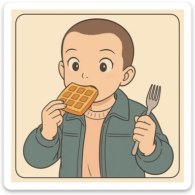Eleven from Stranger Things eating a waffle, shaved head, wearing a jacket, surprised expression, simple line art, light pastel tones, thick outlines, in Ghibli style, square 1:1 format sticker