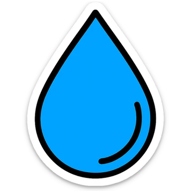 blue water droplet with black outline, color shading, crisp icon style sticker