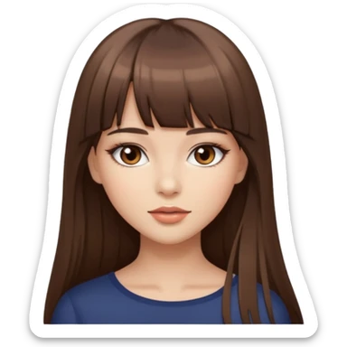 a beautiful girl with long straight brown hair and bangs, with brown eyes and makeup sticker