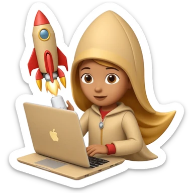 3D clay character with laptop and small rocket launching, cute rounded style, deep green (#0B3D2C), gold rocket, cream laptop, soft shadows, transparent background sticker
